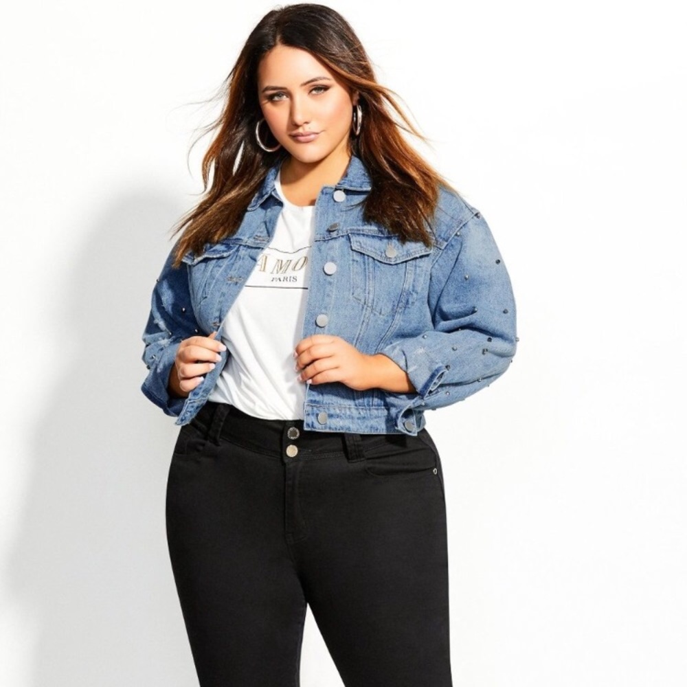 City Chic Distressed Stud Denim Jacket - Picture 1 of 8